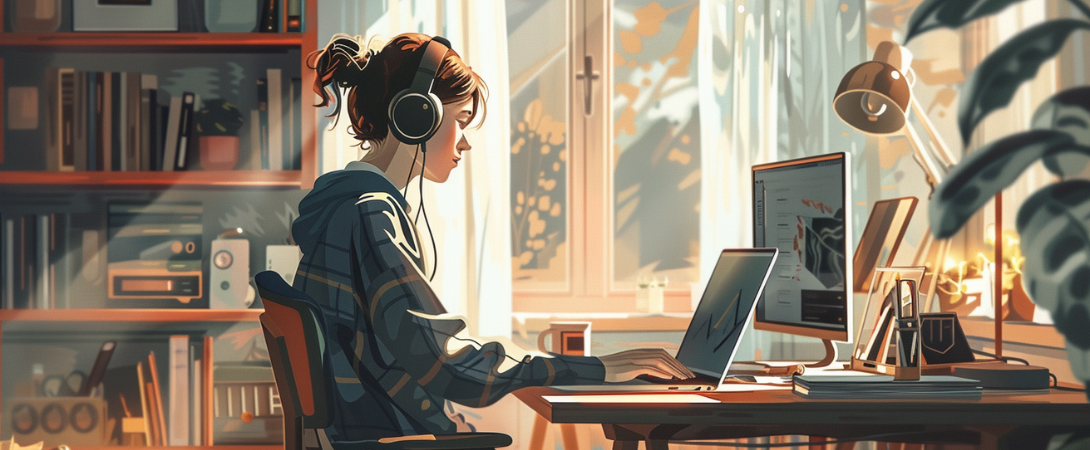 Person am Schreibtisch arbeitet am Laptop