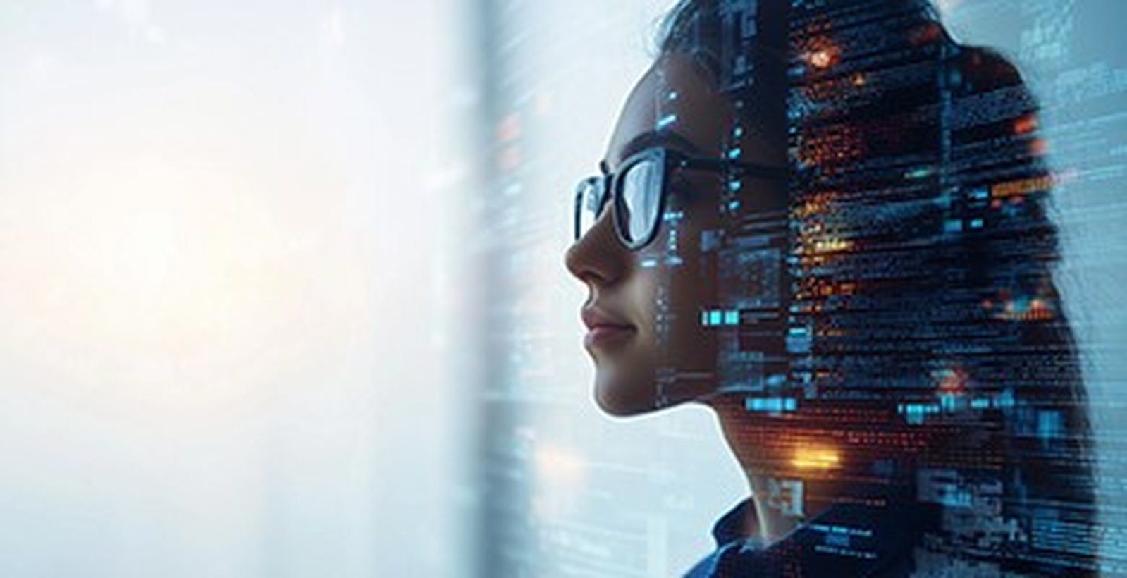 Eine Frau mit Sonnenbrille in einer futuristischen Umgebung