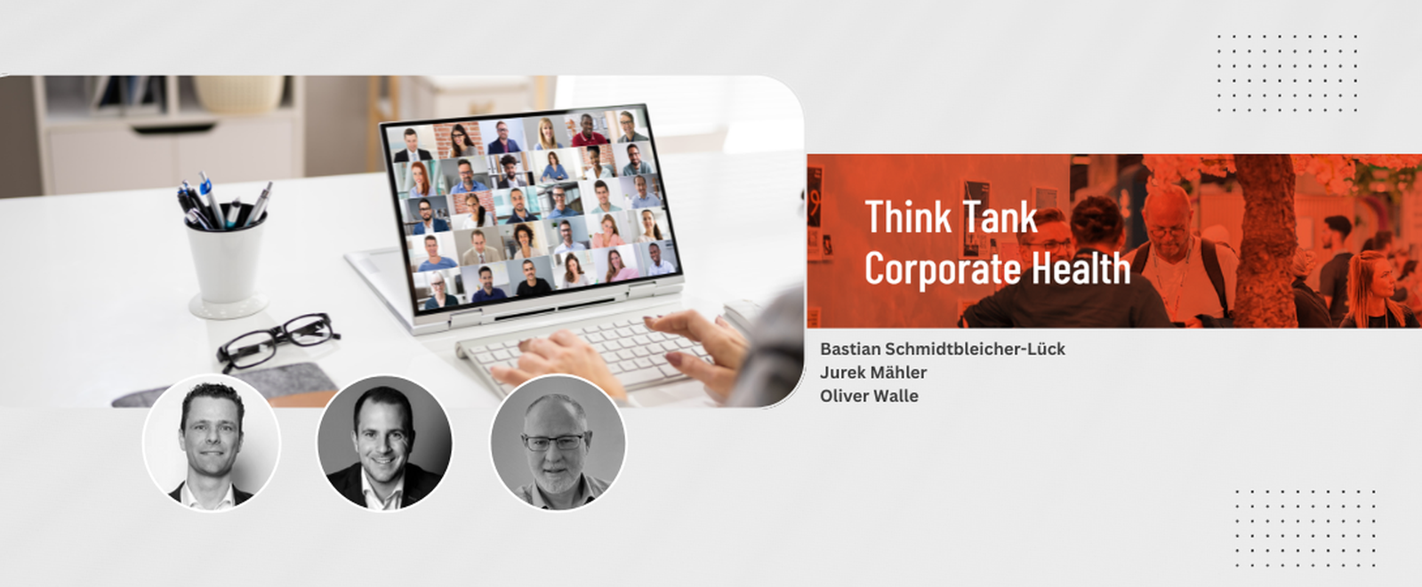 Think Tank: Return to Office, Homeoffice und Hybrid – Gesund zwischen den Welten Laptop im Hintergrund mit verschiedenen Personen drauf und auf dem Tisch steht ein Becher mit Stiften und einer Brille
