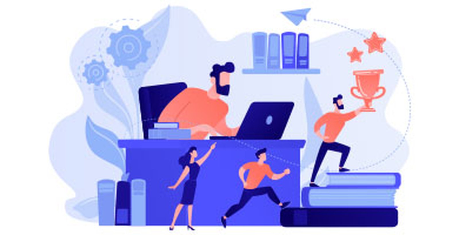 Geschäftsmann am Laptop und Anführer läuft auf Bücher mit Trophäe und seinem Team. Unternehmensführung, Managementfähigkeiten, Konzept des Führungskräftetrainingsplans. Isolierte Illustration des rosa Korallenblauvektors