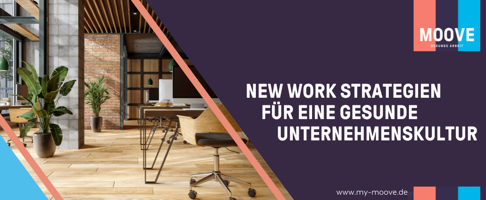 Arbeiten im Wandel Grafik von Moove zum Artikel New Work Strategien. Auf dem Bild ist ein Arbeitsplatz im typischen "New Work" Look abgebildet
