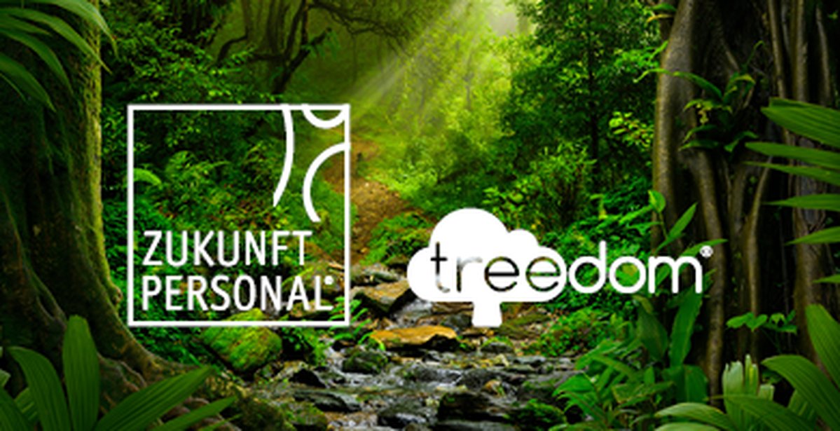 Ein Bild der unberührten Natur mit dem Logo von Zukunft Personal und Treedom