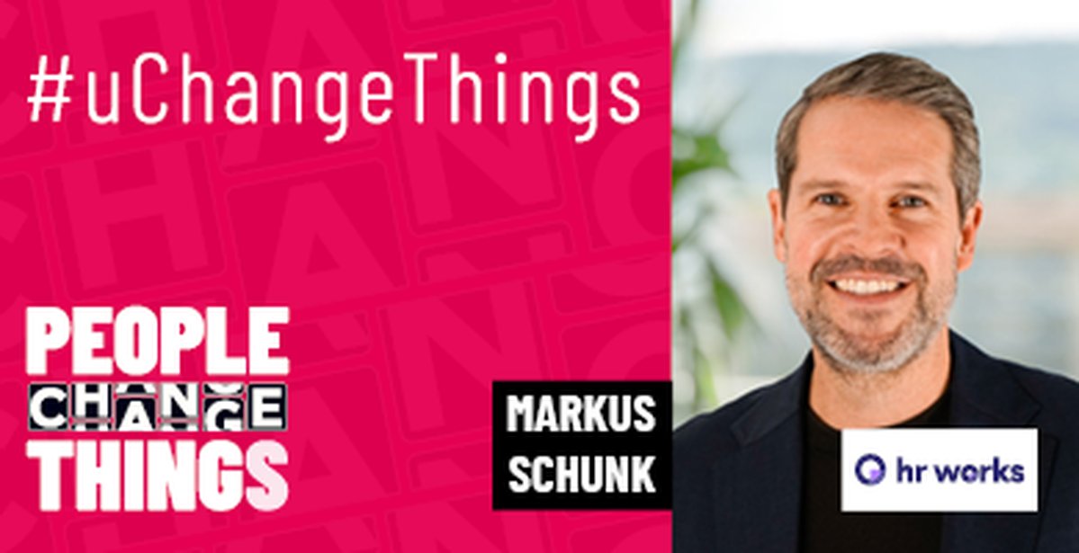 links ist der Hintergrund Pink und es steht People change Thinks und rechts ein Bild von  Markus Schunk