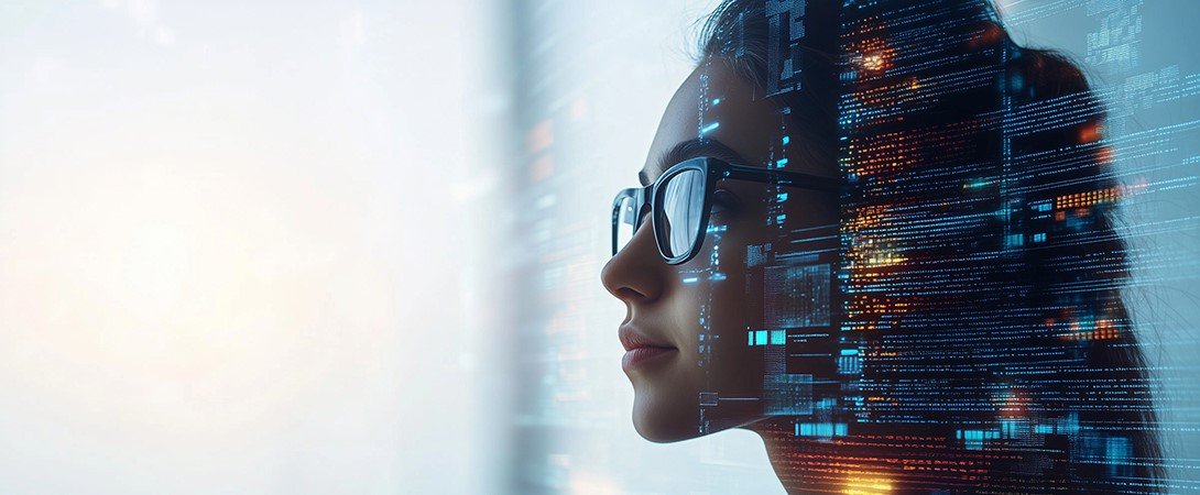 Vom Wissenstransfer zur Wissensbewahrung mit künstlicher Intelligenz Eine Frau mit Sonnenbrille in einer futuristischen Umgebung