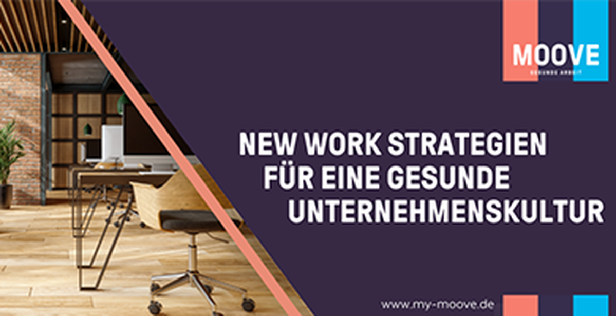 Grafik von Moove zum Artikel New Work Strategien. Auf dem Bild ist ein Arbeitsplatz im typischen "New Work" Look abgebildet