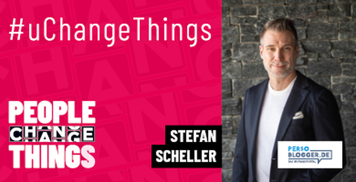 links ist der Hintergrund Pink und es steht People change Thinks und rechts ein Bild von  Stefan Scheller